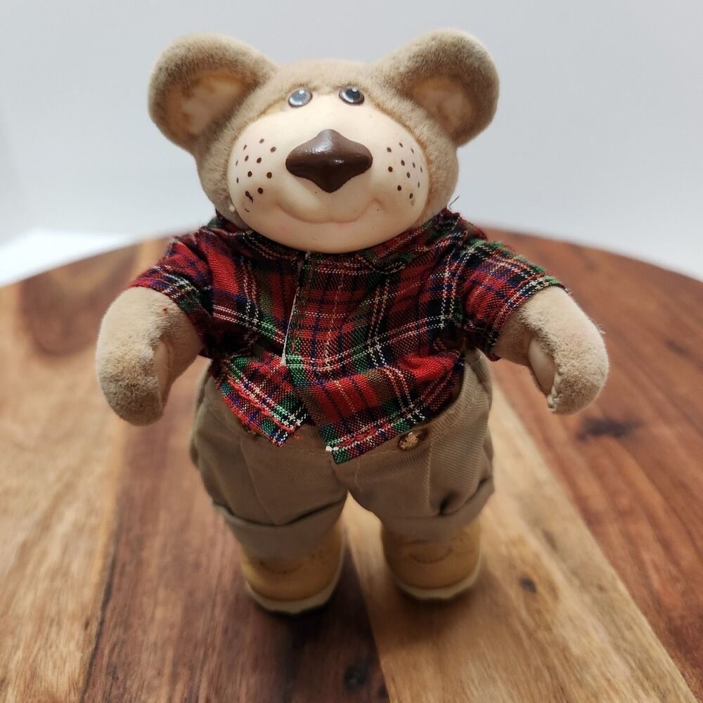 Vintage 1986 Furskins Mini Bear Doll – Plaid Shirt & Removable Boots